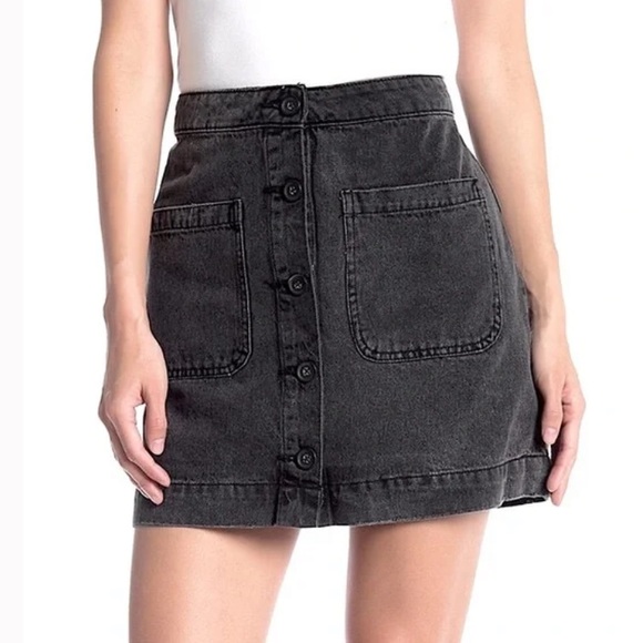 We The free Charcoal Super High Waisted Button Front Denim Jean Mini Skirt - Picture 2 of 9